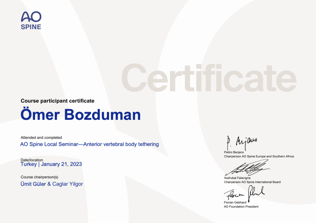 Ömer Bozduman AO Spine Semineri Katılım Sertifikası
