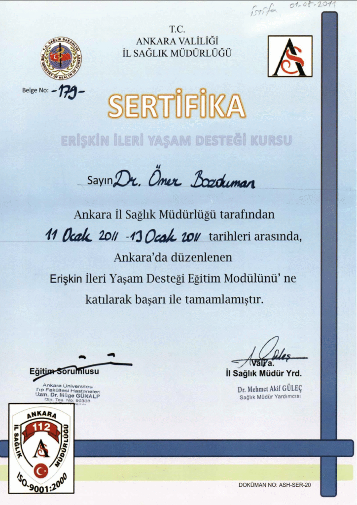 Ömer Bozduman Erişkin İleri Yaşam Desteği Eğitim Modülü Sertifikası