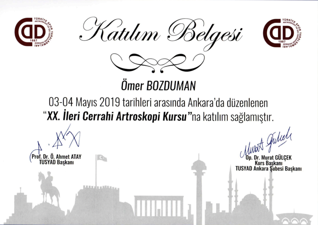 Ömer Bozduman XX. İleri Cerrahi Artroskopi Kursu Sertifikası