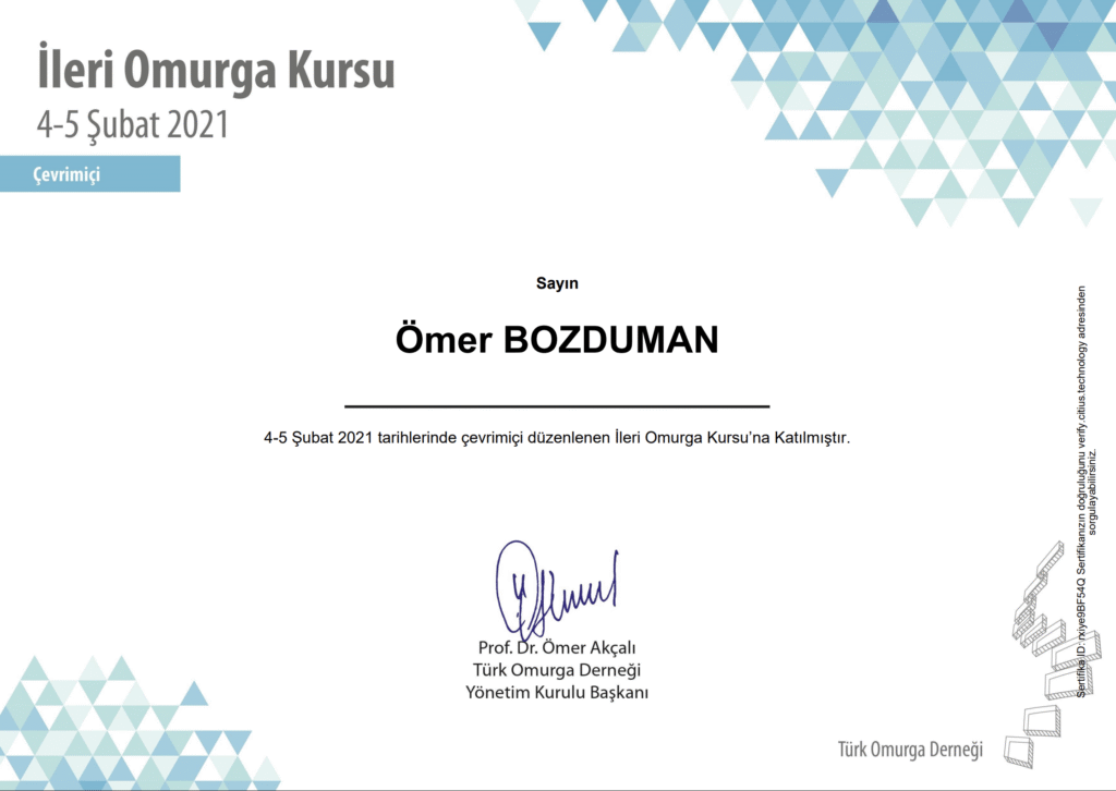 Ömer Bozduman İleri Omurga Kursu Sertifikası