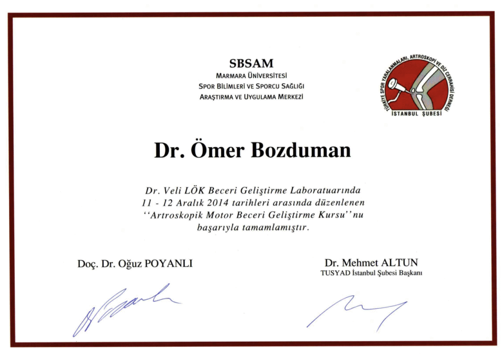 Ömer Bozduman Artroskopik Motor Beceri Geliştirme Kursu Sertifikası