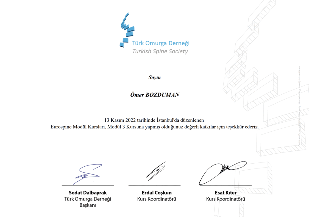 Ömer Bozduman Eurospine Modül 3 Kursu Sertifikası